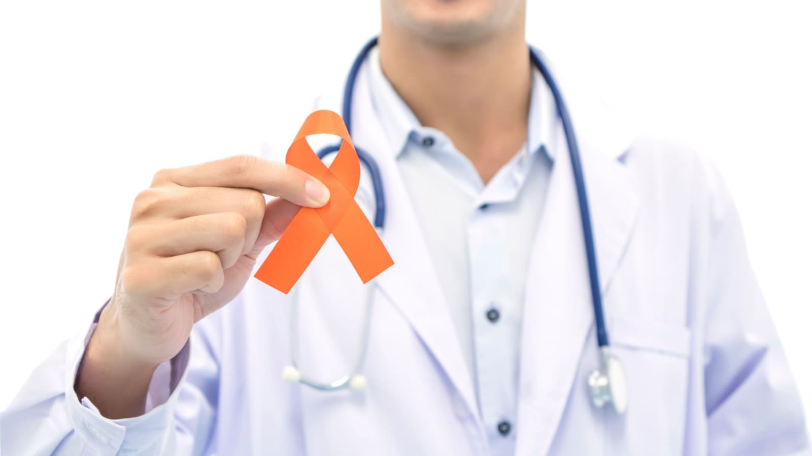 Doctor holding an orange ribbon for MS Awareness