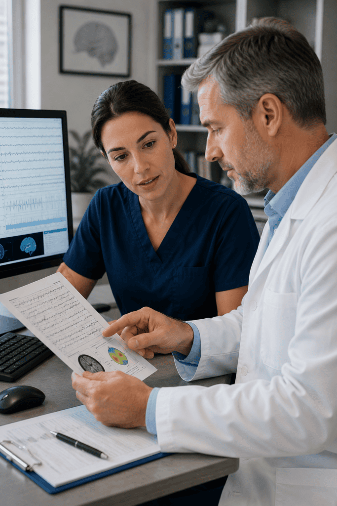 Two clinicians reviewing an EEG report together.