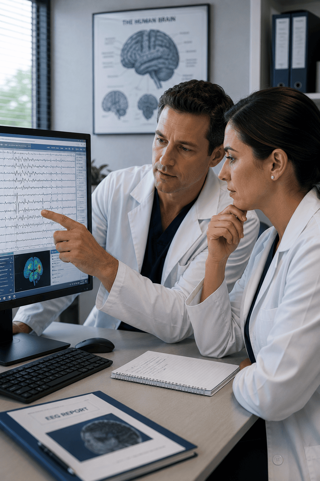 Two neurologists interpreting an EEG report