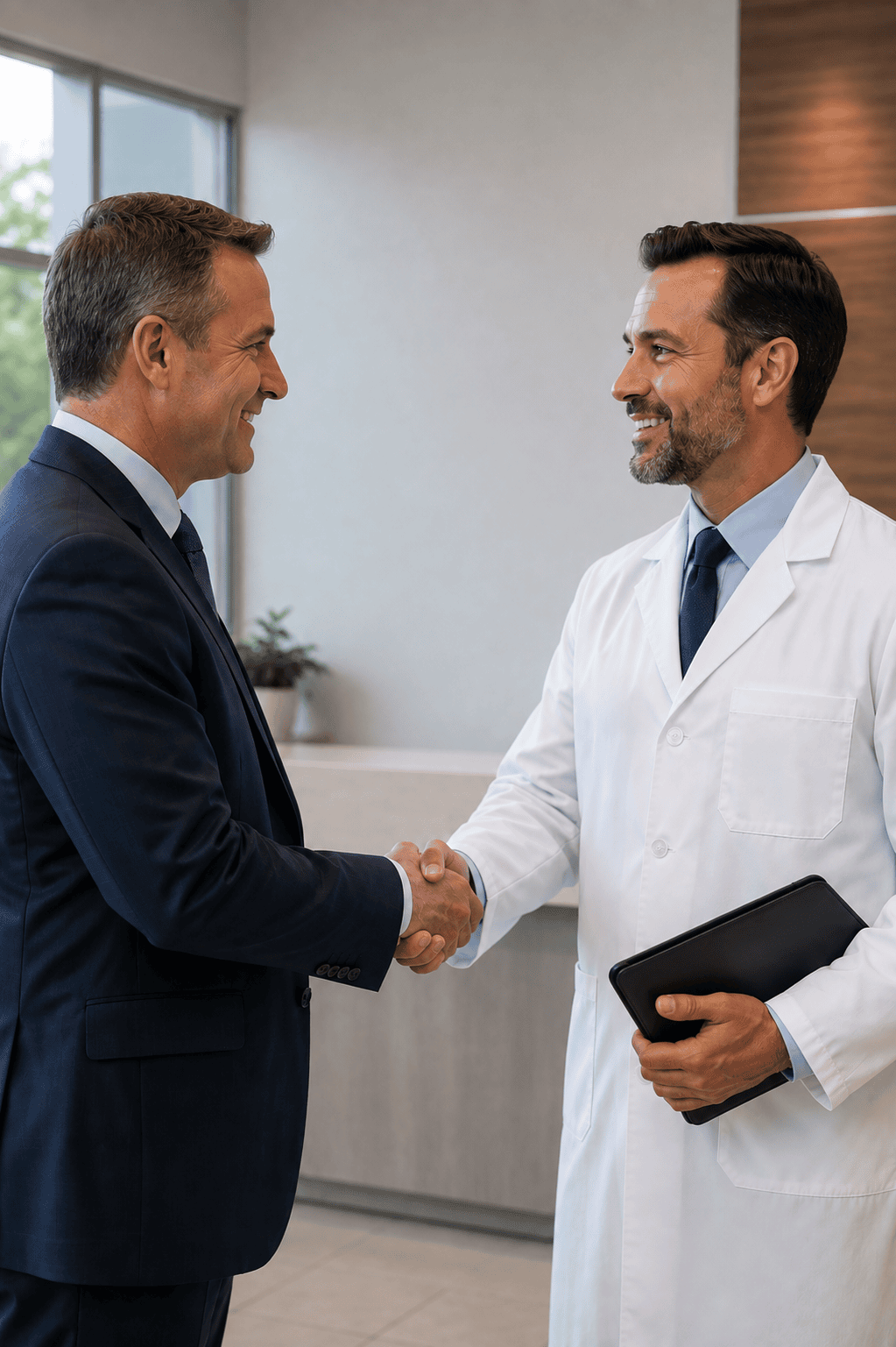 A hospital administrator shaking hands with a neurologistA hospital administrator shaking hands with a neurologist